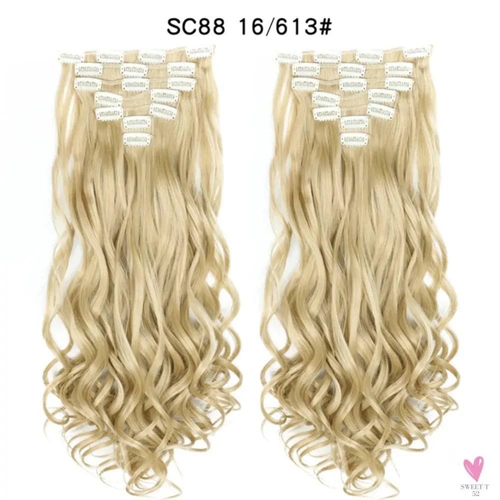 Linwan Synthetic 24Inchs 16 Clips in Hair Extensions Long Wavy Hairstyle Blonde Black Hairpieces Heat Resistant False Hair Sweet T 52