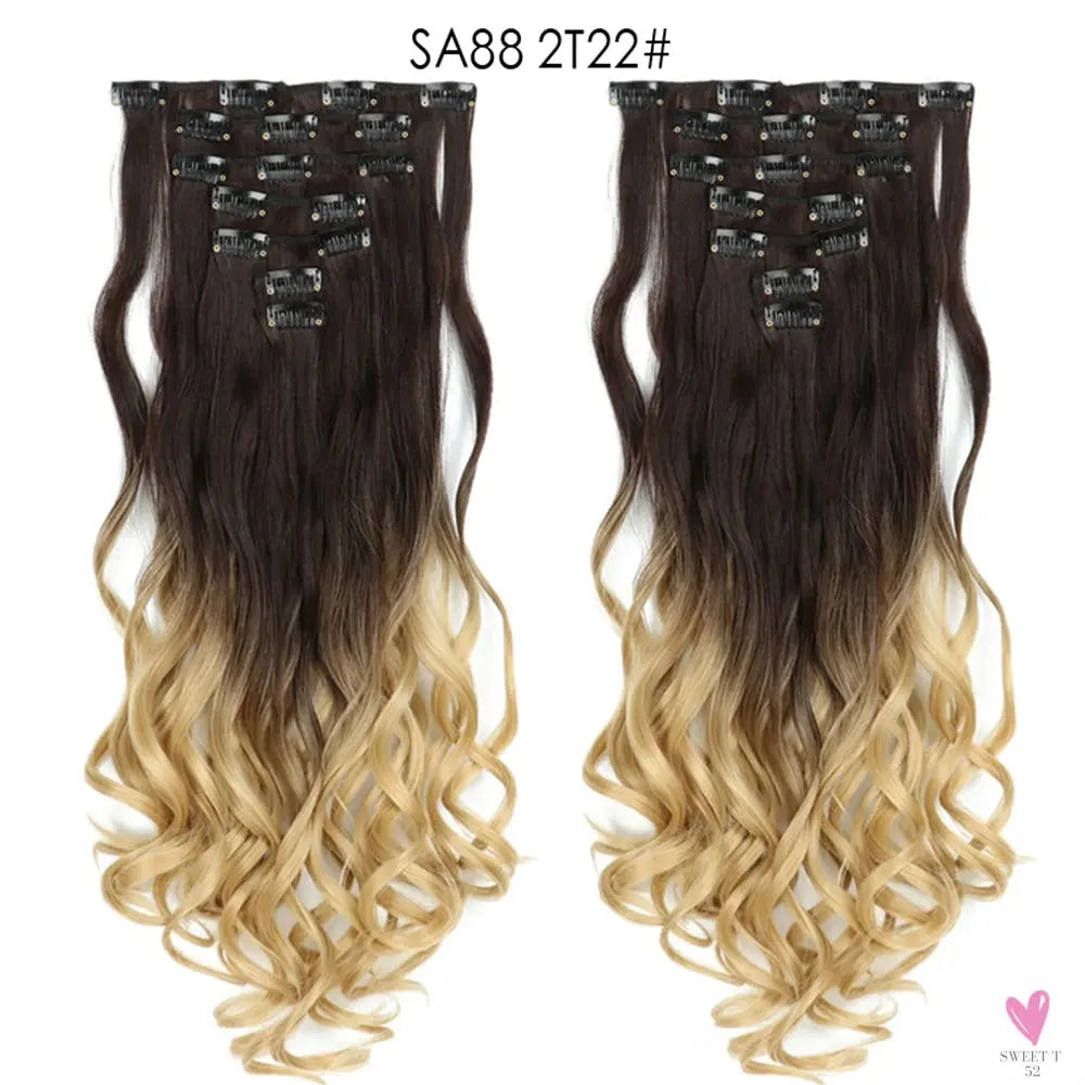 Linwan Synthetic 24Inchs 16 Clips in Hair Extensions Long Wavy Hairstyle Blonde Black Hairpieces Heat Resistant False Hair Sweet T 52