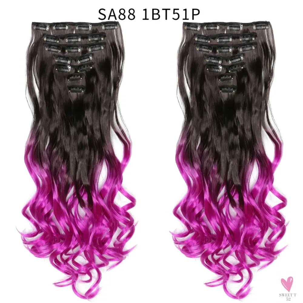 Linwan Synthetic 24Inchs 16 Clips in Hair Extensions Long Wavy Hairstyle Blonde Black Hairpieces Heat Resistant False Hair Sweet T 52