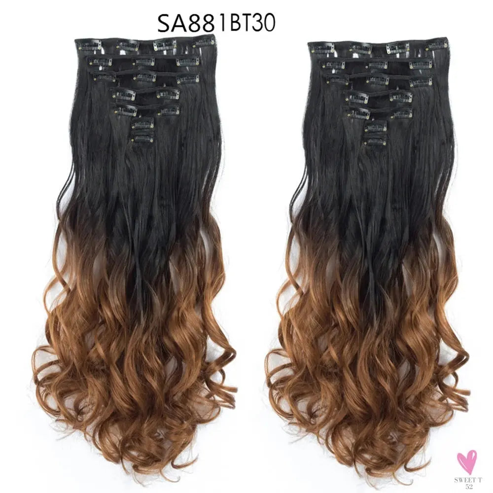 Linwan Synthetic 24Inchs 16 Clips in Hair Extensions Long Wavy Hairstyle Blonde Black Hairpieces Heat Resistant False Hair Sweet T 52