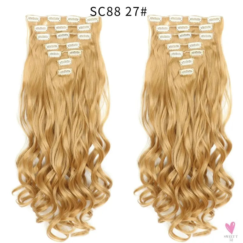 Linwan Synthetic 24Inchs 16 Clips in Hair Extensions Long Wavy Hairstyle Blonde Black Hairpieces Heat Resistant False Hair Sweet T 52
