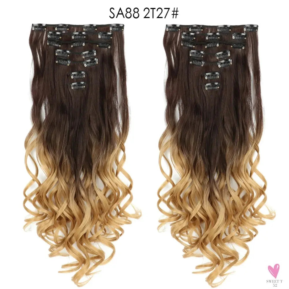 Linwan Synthetic 24Inchs 16 Clips in Hair Extensions Long Wavy Hairstyle Blonde Black Hairpieces Heat Resistant False Hair Sweet T 52