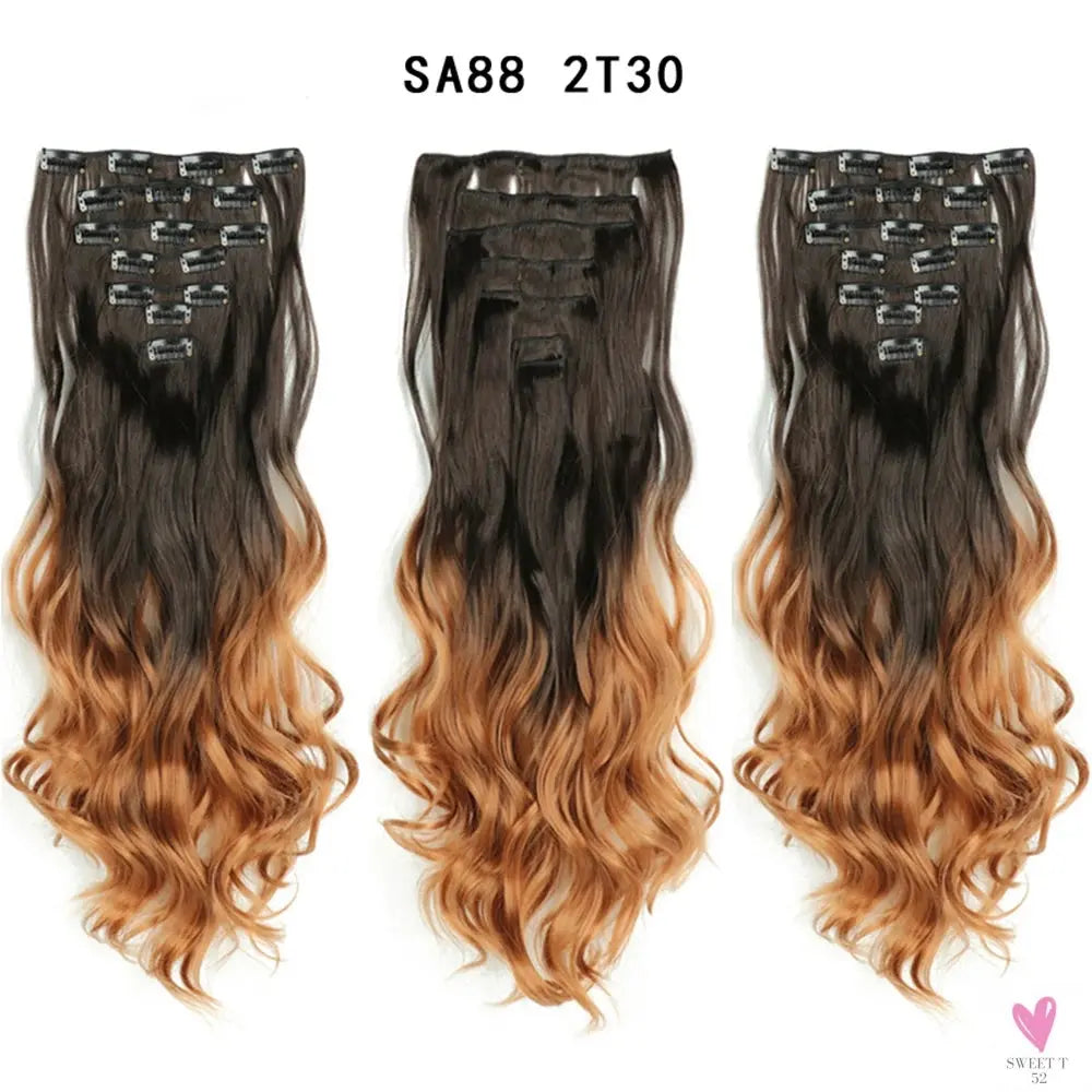 Linwan Synthetic 24Inchs 16 Clips in Hair Extensions Long Wavy Hairstyle Blonde Black Hairpieces Heat Resistant False Hair Sweet T 52