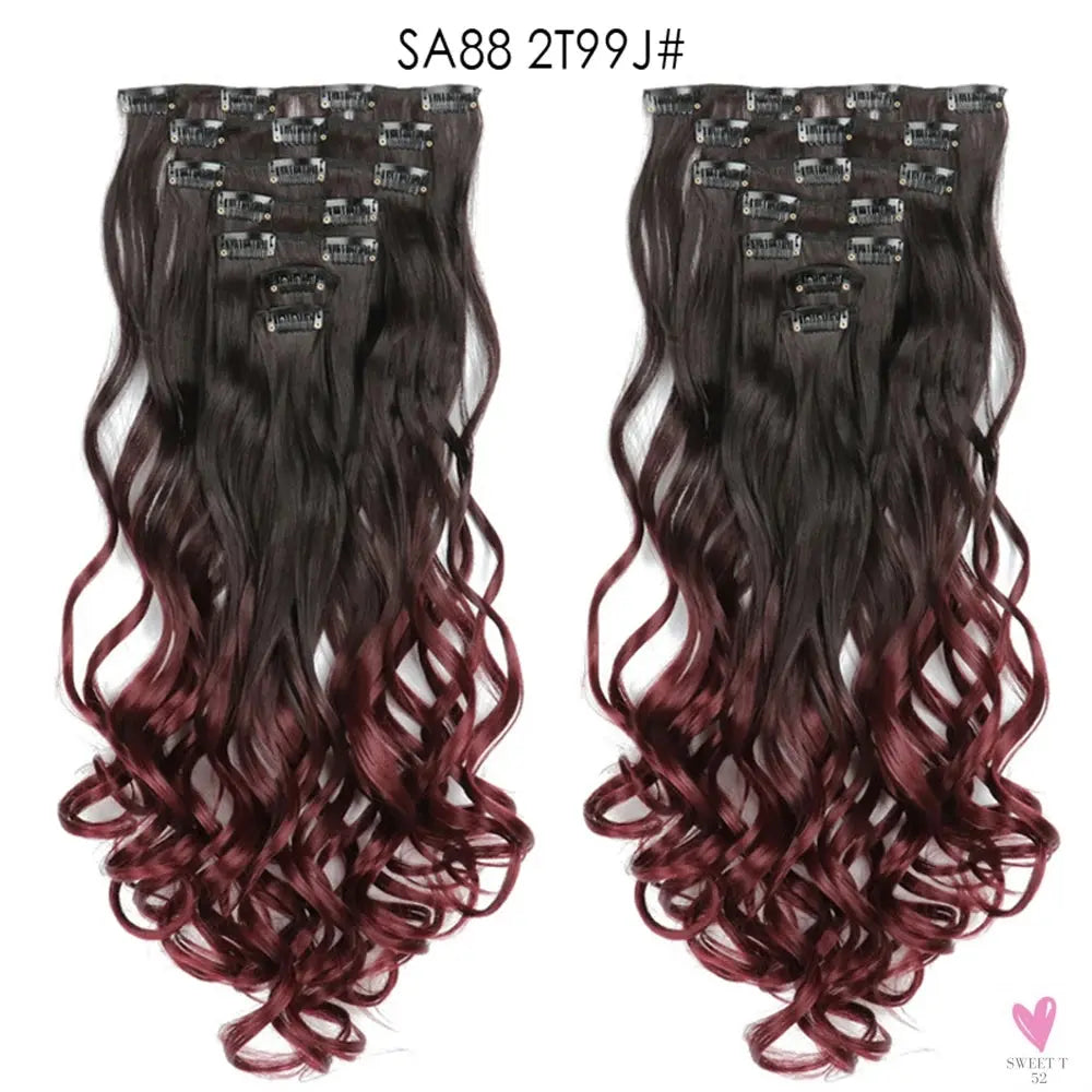 Linwan Synthetic 24Inchs 16 Clips in Hair Extensions Long Wavy Hairstyle Blonde Black Hairpieces Heat Resistant False Hair Sweet T 52