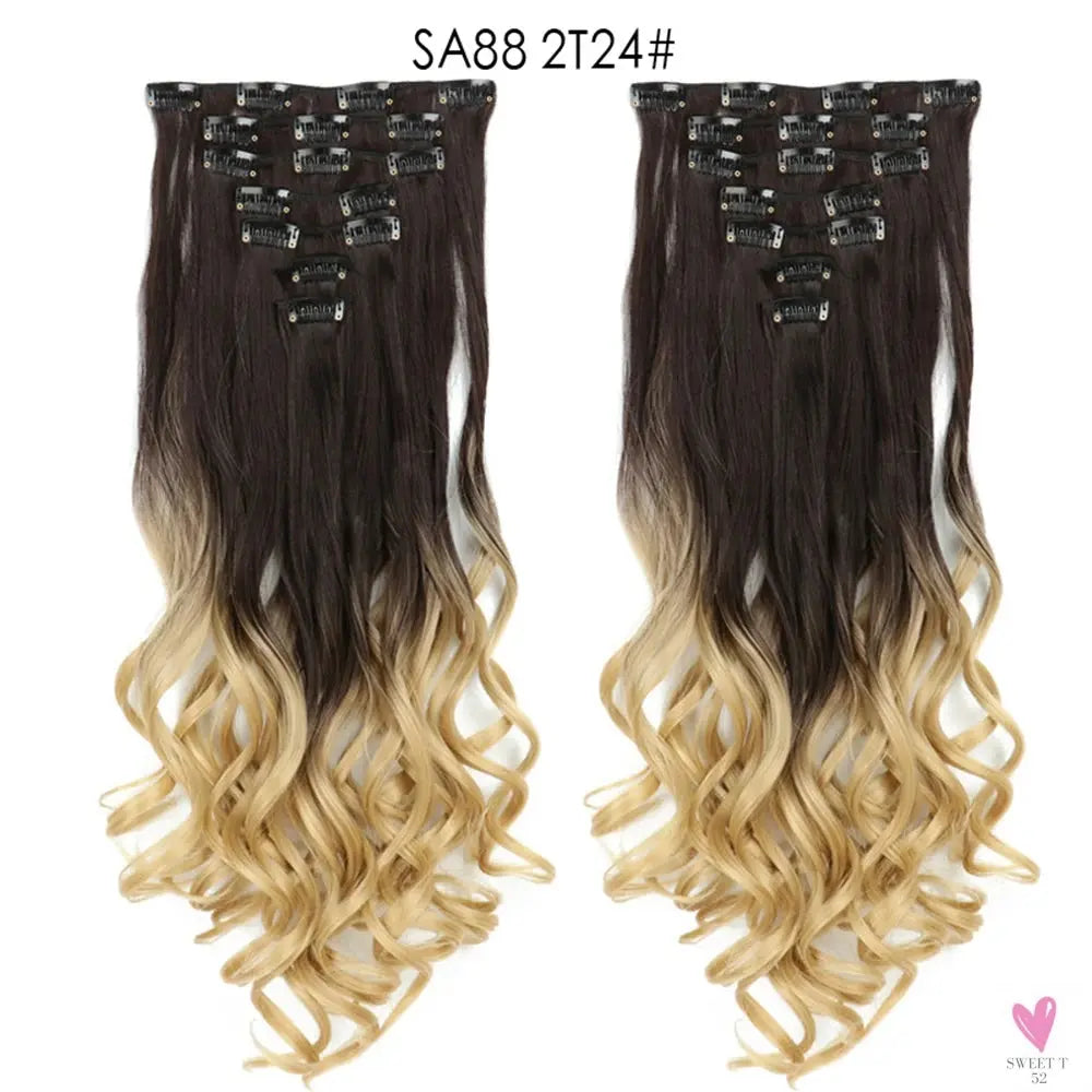 Linwan Synthetic 24Inchs 16 Clips in Hair Extensions Long Wavy Hairstyle Blonde Black Hairpieces Heat Resistant False Hair Sweet T 52