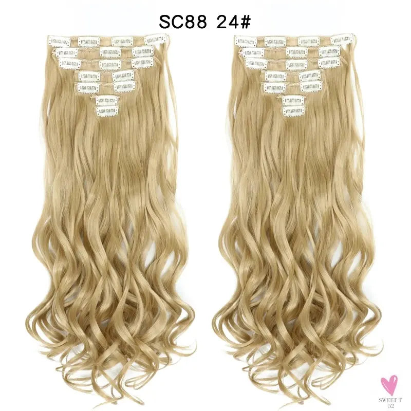 Linwan Synthetic 24Inchs 16 Clips in Hair Extensions Long Wavy Hairstyle Blonde Black Hairpieces Heat Resistant False Hair Sweet T 52