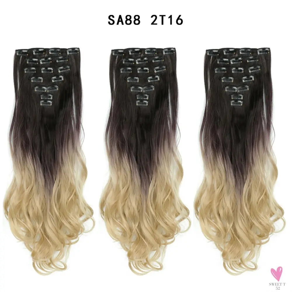 Linwan Synthetic 24Inchs 16 Clips in Hair Extensions Long Wavy Hairstyle Blonde Black Hairpieces Heat Resistant False Hair Sweet T 52