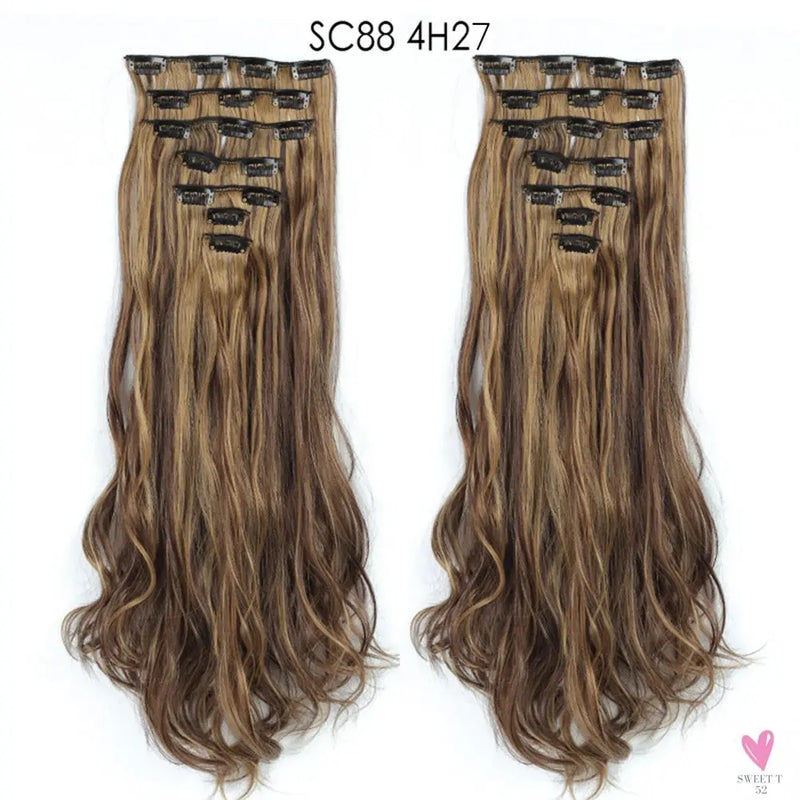 Linwan Synthetic 24Inchs 16 Clips in Hair Extensions Long Wavy Hairstyle Blonde Black Hairpieces Heat Resistant False Hair Sweet T 52
