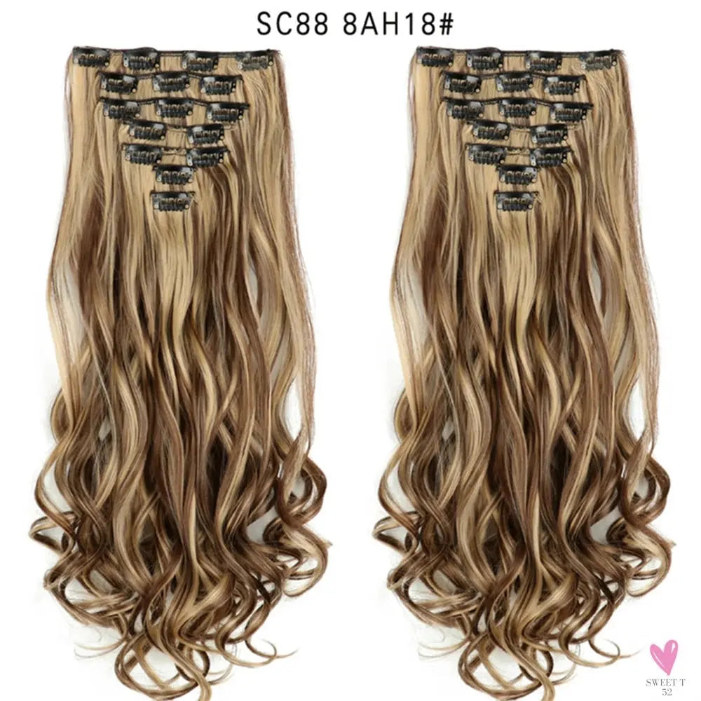 Linwan Synthetic 24Inchs 16 Clips in Hair Extensions Long Wavy Hairstyle Blonde Black Hairpieces Heat Resistant False Hair Sweet T 52