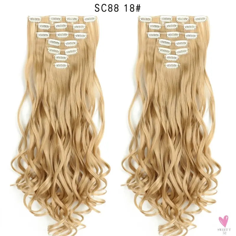 Linwan Synthetic 24Inchs 16 Clips in Hair Extensions Long Wavy Hairstyle Blonde Black Hairpieces Heat Resistant False Hair Sweet T 52