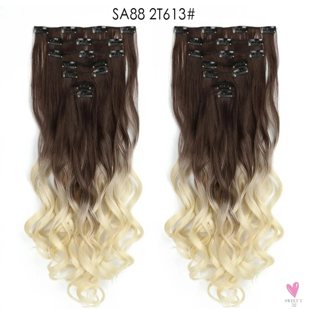 Linwan Synthetic 24Inchs 16 Clips in Hair Extensions Long Wavy Hairstyle Blonde Black Hairpieces Heat Resistant False Hair Sweet T 52