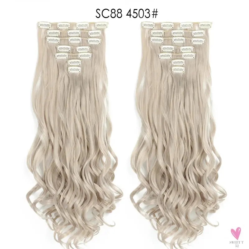 Linwan Synthetic 24Inchs 16 Clips in Hair Extensions Long Wavy Hairstyle Blonde Black Hairpieces Heat Resistant False Hair Sweet T 52