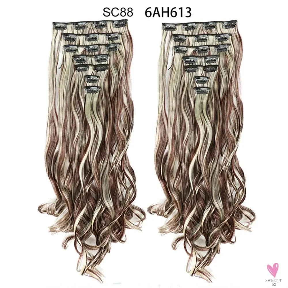Linwan Synthetic 24Inchs 16 Clips in Hair Extensions Long Wavy Hairstyle Blonde Black Hairpieces Heat Resistant False Hair Sweet T 52