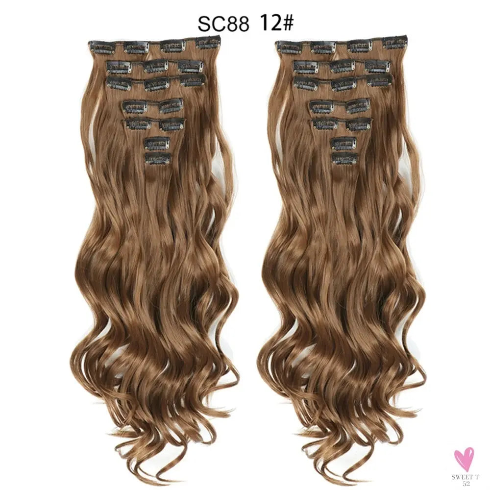 Linwan Synthetic 24Inchs 16 Clips in Hair Extensions Long Wavy Hairstyle Blonde Black Hairpieces Heat Resistant False Hair Sweet T 52