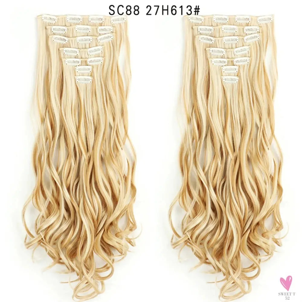 Linwan Synthetic 24Inchs 16 Clips in Hair Extensions Long Wavy Hairstyle Blonde Black Hairpieces Heat Resistant False Hair Sweet T 52
