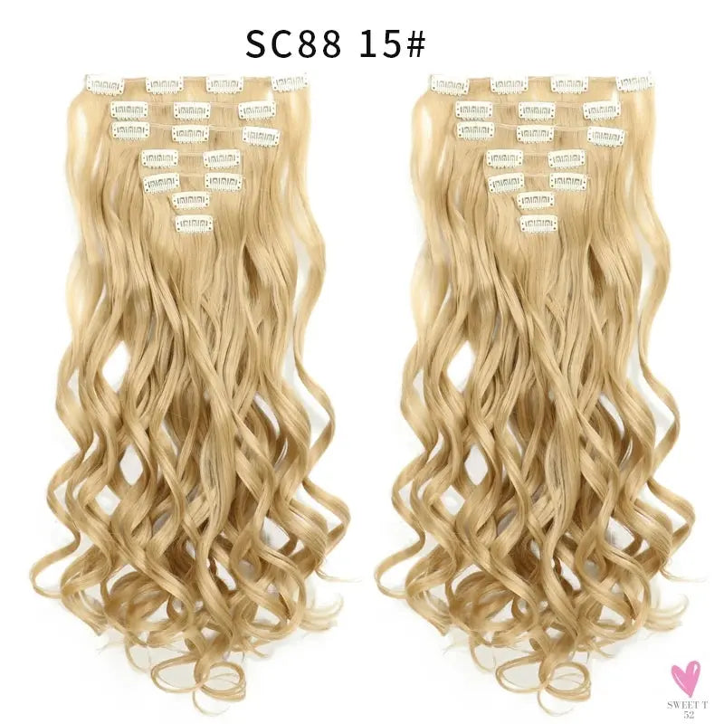 Linwan Synthetic 24Inchs 16 Clips in Hair Extensions Long Wavy Hairstyle Blonde Black Hairpieces Heat Resistant False Hair Sweet T 52