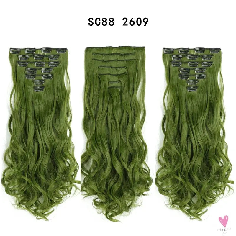 Linwan Synthetic 24Inchs 16 Clips in Hair Extensions Long Wavy Hairstyle Blonde Black Hairpieces Heat Resistant False Hair Sweet T 52