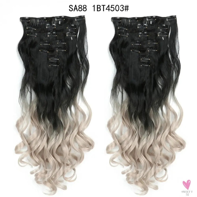 Linwan Synthetic 24Inchs 16 Clips in Hair Extensions Long Wavy Hairstyle Blonde Black Hairpieces Heat Resistant False Hair Sweet T 52