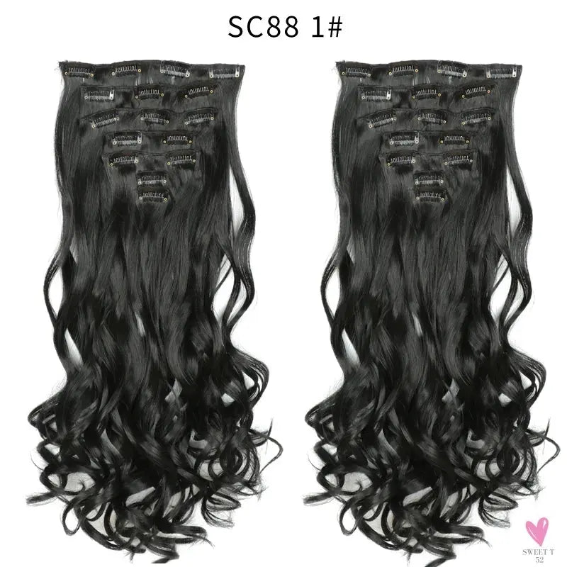 Linwan Synthetic 24Inchs 16 Clips in Hair Extensions Long Wavy Hairstyle Blonde Black Hairpieces Heat Resistant False Hair Sweet T 52