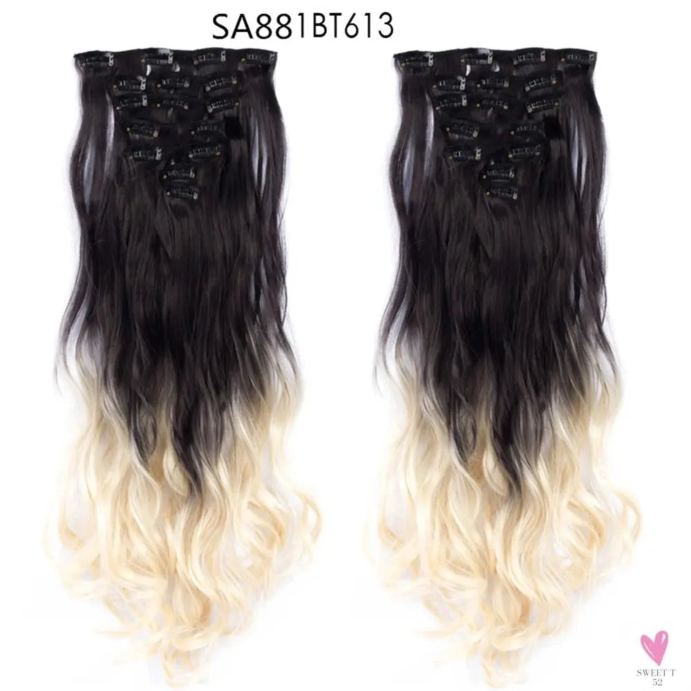 Linwan Synthetic 24Inchs 16 Clips in Hair Extensions Long Wavy Hairstyle Blonde Black Hairpieces Heat Resistant False Hair Sweet T 52