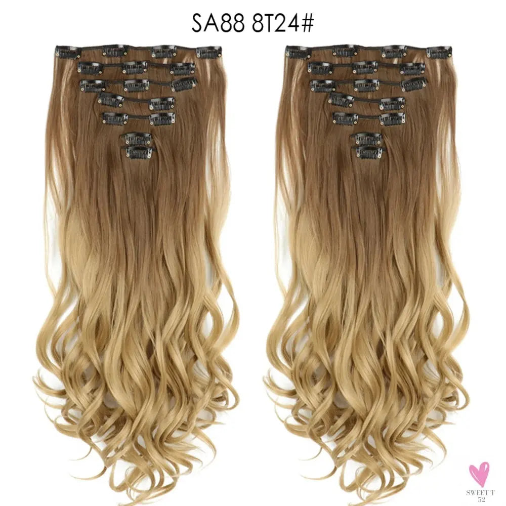 Linwan Synthetic 24Inchs 16 Clips in Hair Extensions Long Wavy Hairstyle Blonde Black Hairpieces Heat Resistant False Hair Sweet T 52