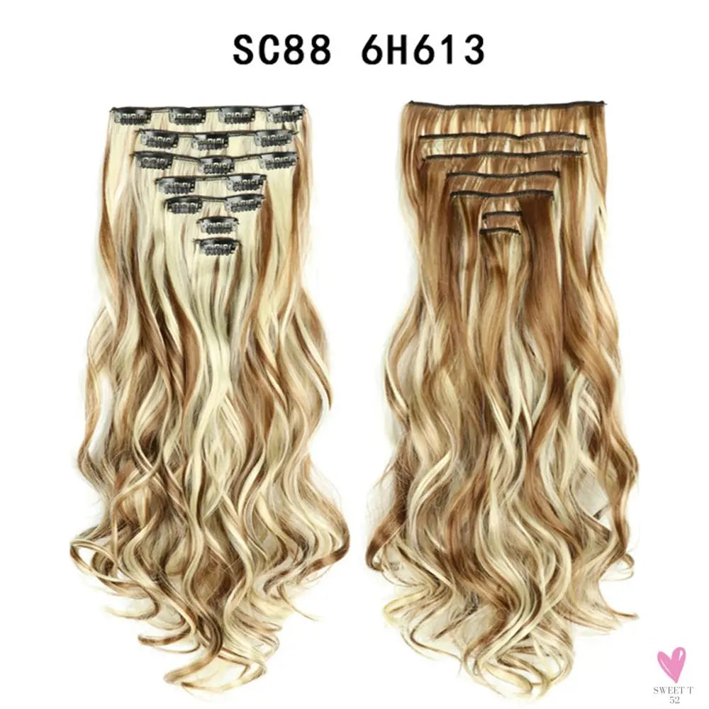 Linwan Synthetic 24Inchs 16 Clips in Hair Extensions Long Wavy Hairstyle Blonde Black Hairpieces Heat Resistant False Hair Sweet T 52