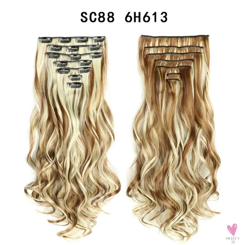 Linwan Synthetic 24Inchs 16 Clips in Hair Extensions Long Wavy Hairstyle Blonde Black Hairpieces Heat Resistant False Hair Sweet T 52