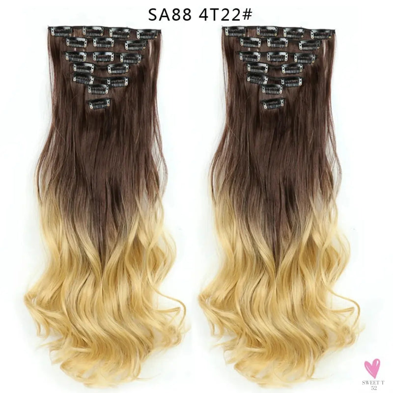 Linwan Synthetic 24Inchs 16 Clips in Hair Extensions Long Wavy Hairstyle Blonde Black Hairpieces Heat Resistant False Hair Sweet T 52