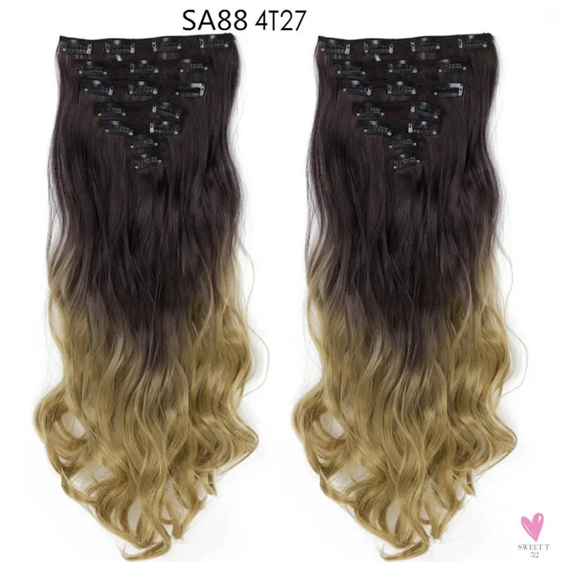 Linwan Synthetic 24Inchs 16 Clips in Hair Extensions Long Wavy Hairstyle Blonde Black Hairpieces Heat Resistant False Hair Sweet T 52