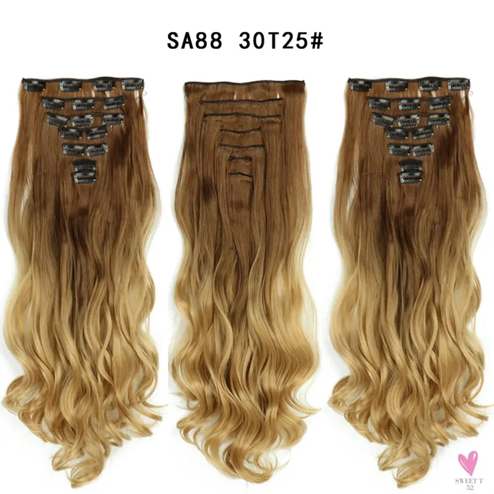 Linwan Synthetic 24Inchs 16 Clips in Hair Extensions Long Wavy Hairstyle Blonde Black Hairpieces Heat Resistant False Hair Sweet T 52