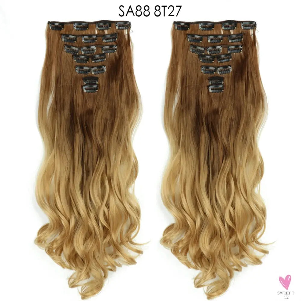 Linwan Synthetic 24Inchs 16 Clips in Hair Extensions Long Wavy Hairstyle Blonde Black Hairpieces Heat Resistant False Hair Sweet T 52