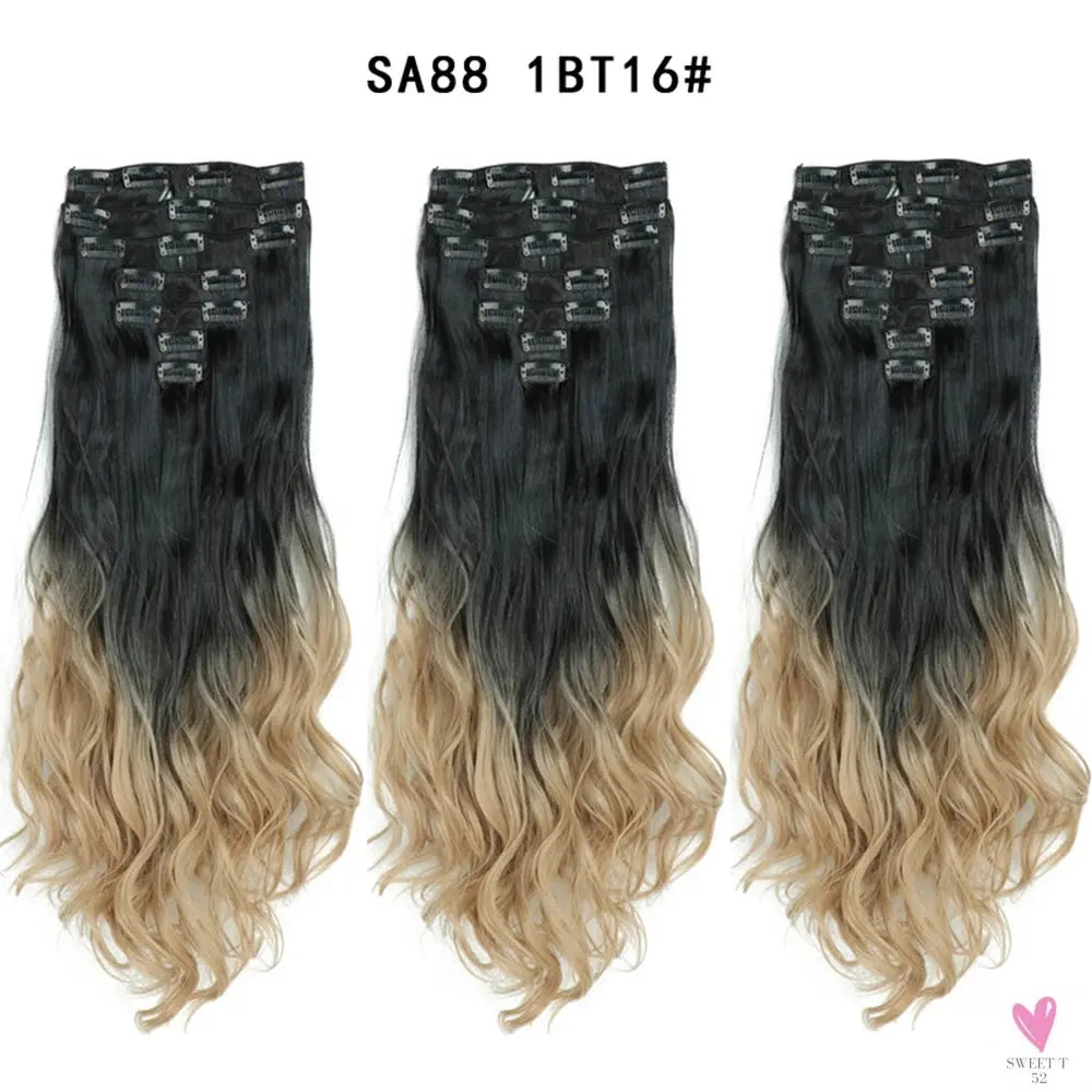 Linwan Synthetic 24Inchs 16 Clips in Hair Extensions Long Wavy Hairstyle Blonde Black Hairpieces Heat Resistant False Hair Sweet T 52