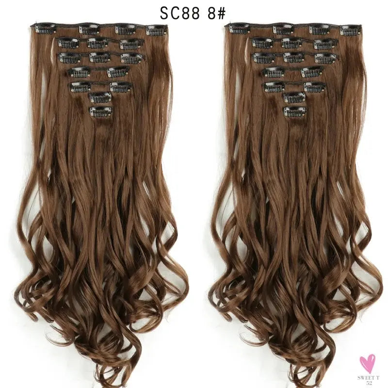 Linwan Synthetic 24Inchs 16 Clips in Hair Extensions Long Wavy Hairstyle Blonde Black Hairpieces Heat Resistant False Hair Sweet T 52