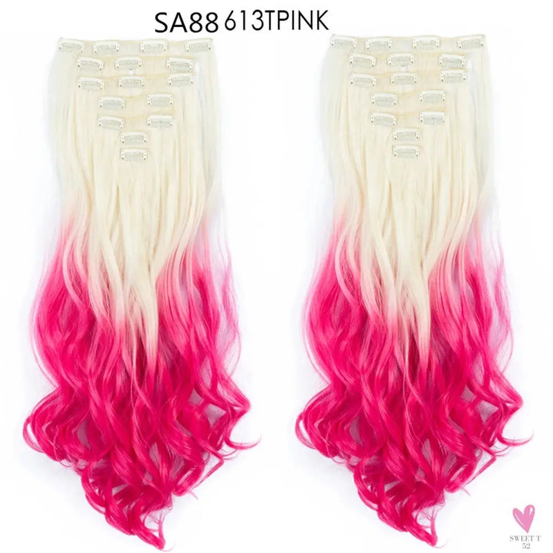 Linwan Synthetic 24Inchs 16 Clips in Hair Extensions Long Wavy Hairstyle Blonde Black Hairpieces Heat Resistant False Hair Sweet T 52