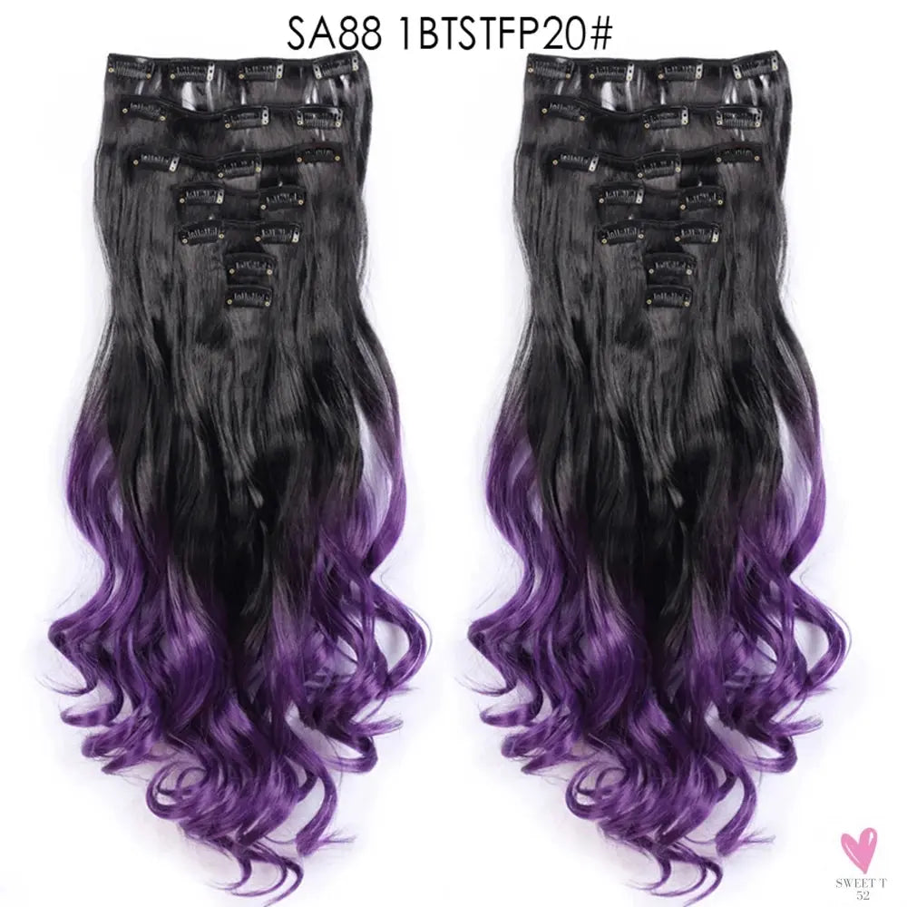 Linwan Synthetic 24Inchs 16 Clips in Hair Extensions Long Wavy Hairstyle Blonde Black Hairpieces Heat Resistant False Hair Sweet T 52