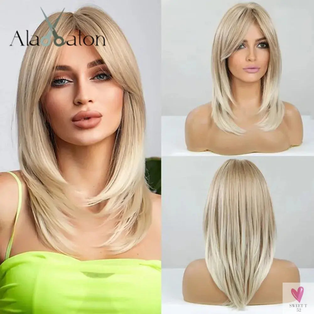 Long Blonde Layered Wigs for Women, Synthetic Wigs with Bangs, Natural Looking Hair for Daily Wear Sweet T 52