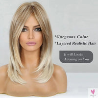 Long Blonde Layered Wigs for Women, Synthetic Wigs with Bangs, Natural Looking Hair for Daily Wear Sweet T 52