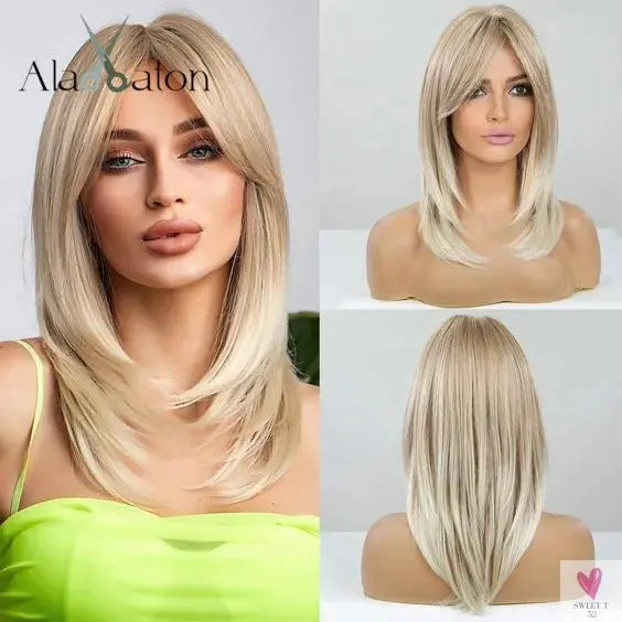 Long Blonde Layered Wigs for Women, Synthetic Wigs with Bangs, Natural Looking Hair for Daily Wear Sweet T 52