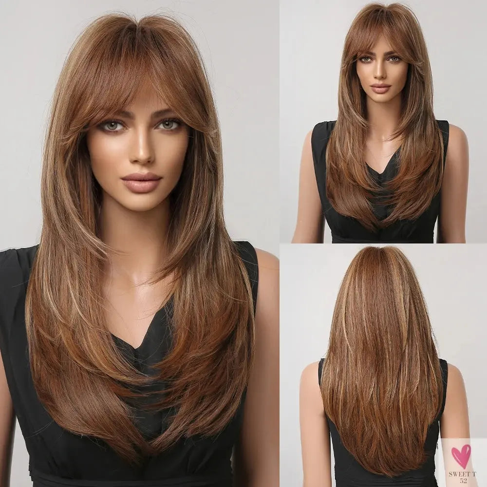 Long Blonde Layered Wigs for Women, Synthetic Wigs with Bangs, Natural Looking Hair for Daily Wear Sweet T 52