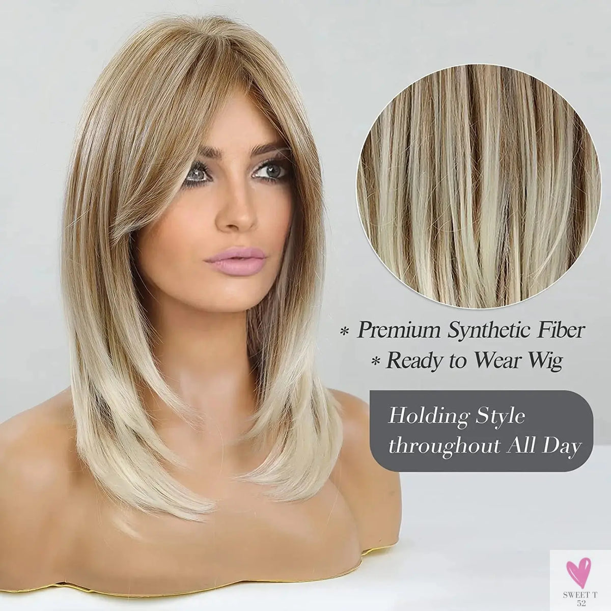 Long Blonde Layered Wigs for Women, Synthetic Wigs with Bangs, Natural Looking Hair for Daily Wear Sweet T 52