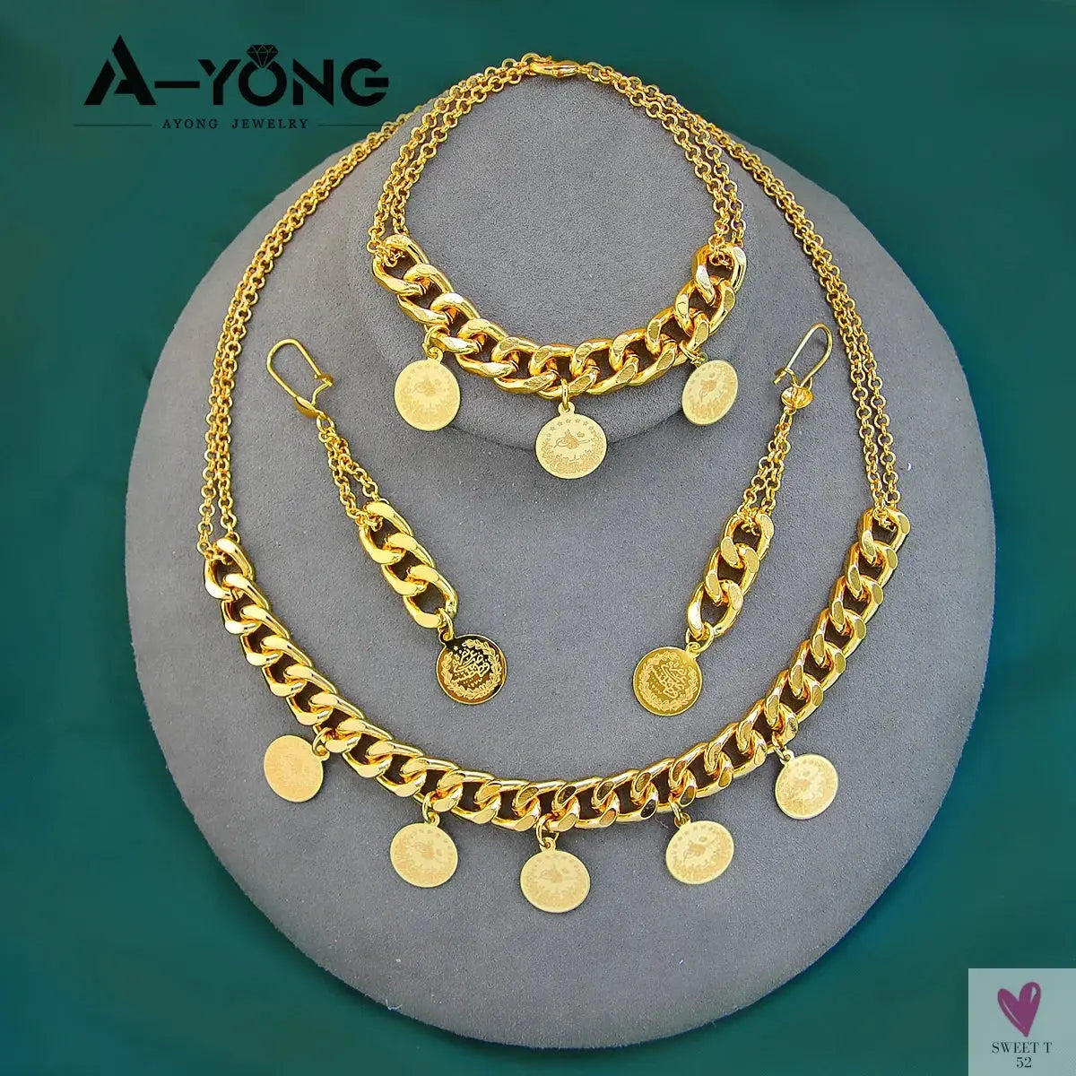 Luxury Arabic Gold Color Coins Necklace Set 21k Gold Plated Turkish Coin Chains Islamic Muslim Women Wedding Party Jewelry Sweet T 52