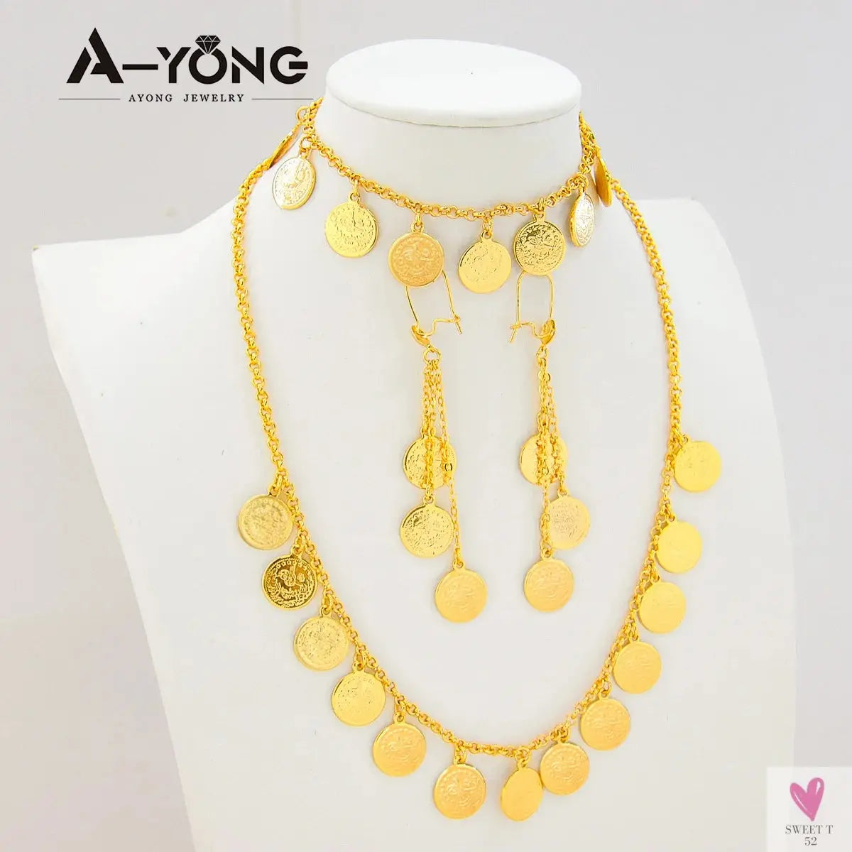 Luxury Arabic Gold Color Coins Necklace Set 21k Gold Plated Turkish Coin Chains Islamic Muslim Women Wedding Party Jewelry Sweet T 52