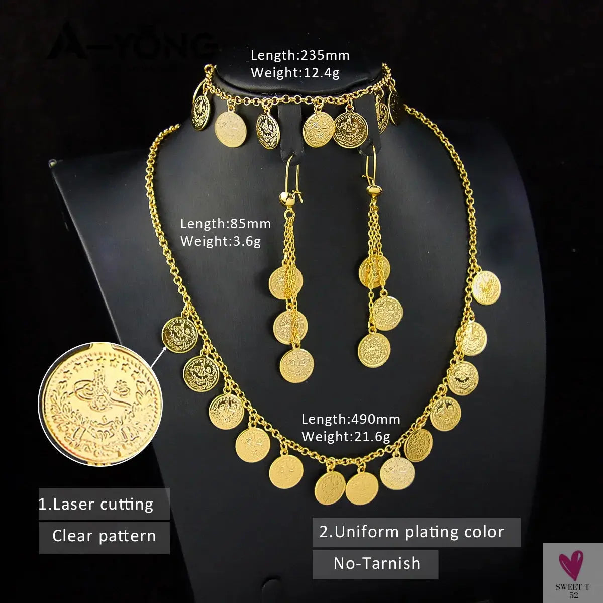 Luxury Arabic Gold Color Coins Necklace Set 21k Gold Plated Turkish Coin Chains Islamic Muslim Women Wedding Party Jewelry Sweet T 52