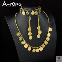 Luxury Arabic Gold Color Coins Necklace Set 21k Gold Plated Turkish Coin Chains Islamic Muslim Women Wedding Party Jewelry Sweet T 52