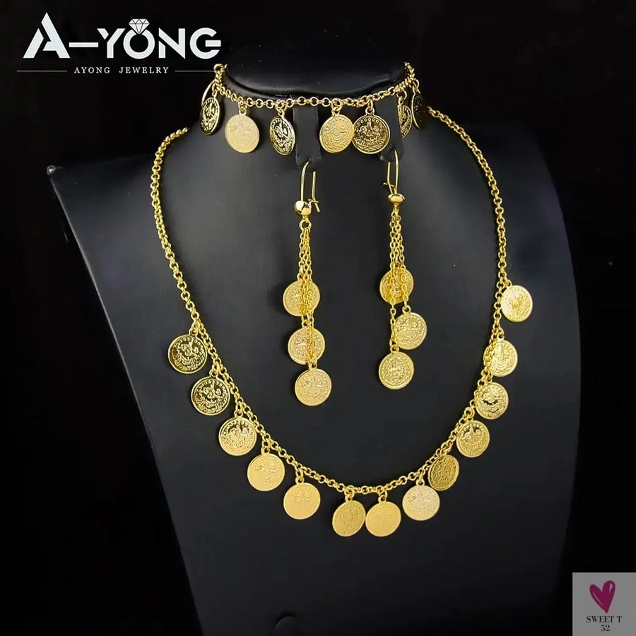 Luxury Arabic Gold Color Coins Necklace Set 21k Gold Plated Turkish Coin Chains Islamic Muslim Women Wedding Party Jewelry Sweet T 52
