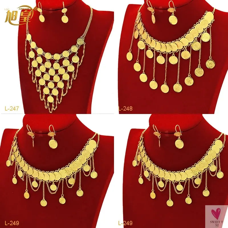 Luxury Gold Color Jewelry Sets - Dubai Fashion Coin With Tassel Design Necklace/Earring Set, Charming Wedding Gift Sweet T 52