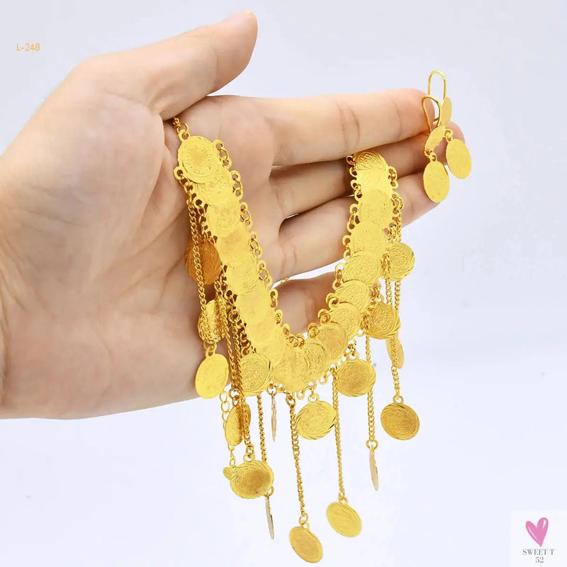 Luxury Gold Color Jewelry Sets - Dubai Fashion Coin With Tassel Design Necklace/Earring Set, Charming Wedding Gift Sweet T 52