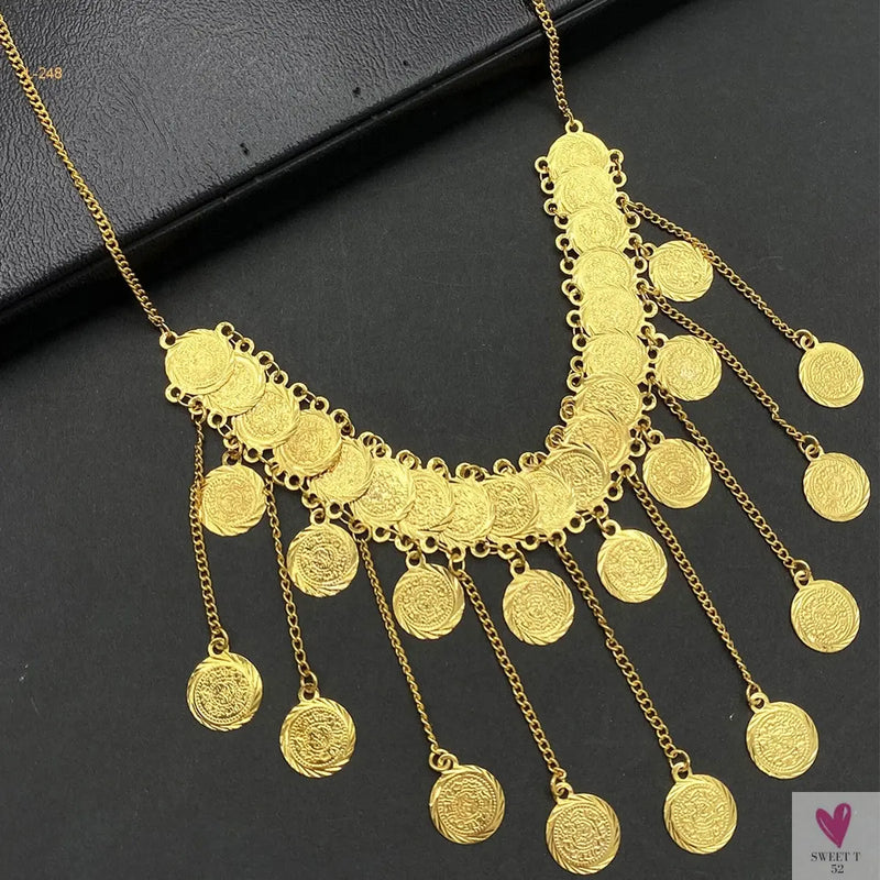 Luxury Gold Color Jewelry Sets - Dubai Fashion Coin With Tassel Design Necklace/Earring Set, Charming Wedding Gift Sweet T 52