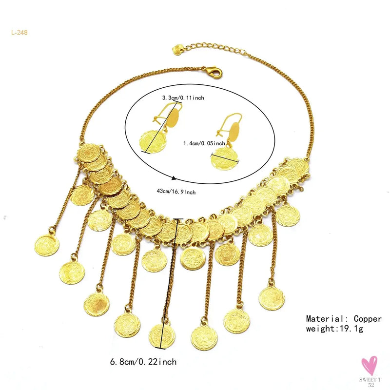 Luxury Gold Color Jewelry Sets - Dubai Fashion Coin With Tassel Design Necklace/Earring Set, Charming Wedding Gift Sweet T 52