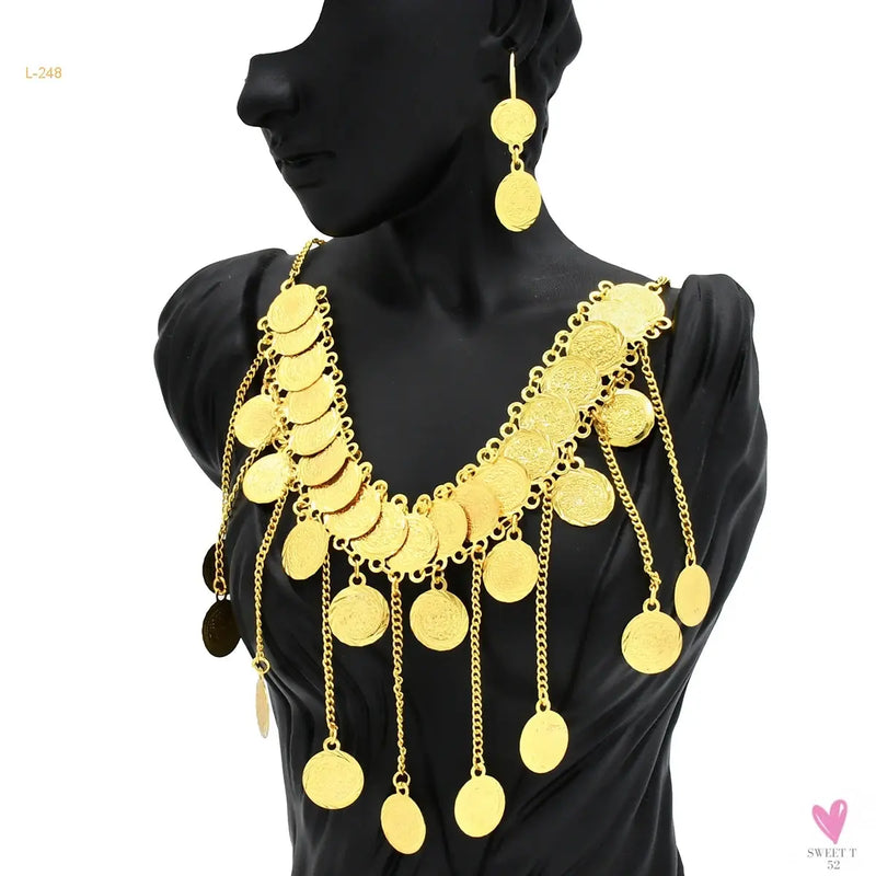 Luxury Gold Color Jewelry Sets - Dubai Fashion Coin With Tassel Design Necklace/Earring Set, Charming Wedding Gift Sweet T 52